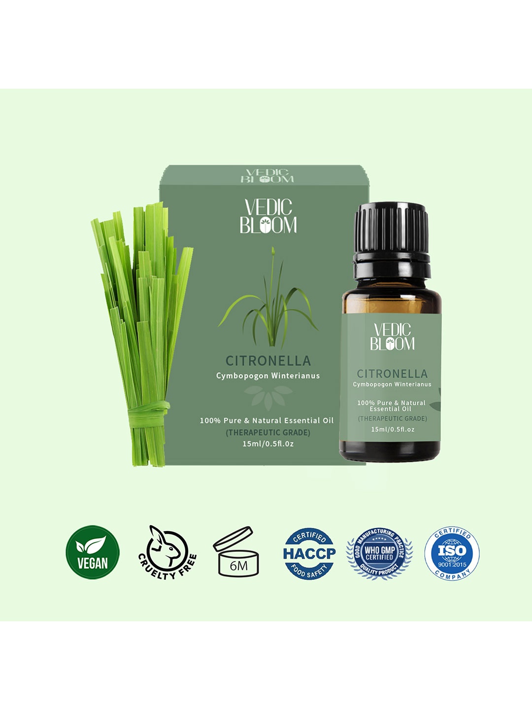 

Vedic Bloom 100% Pure & Natural Citronella Essential Oil - Bug Repellant - 15ml, Green