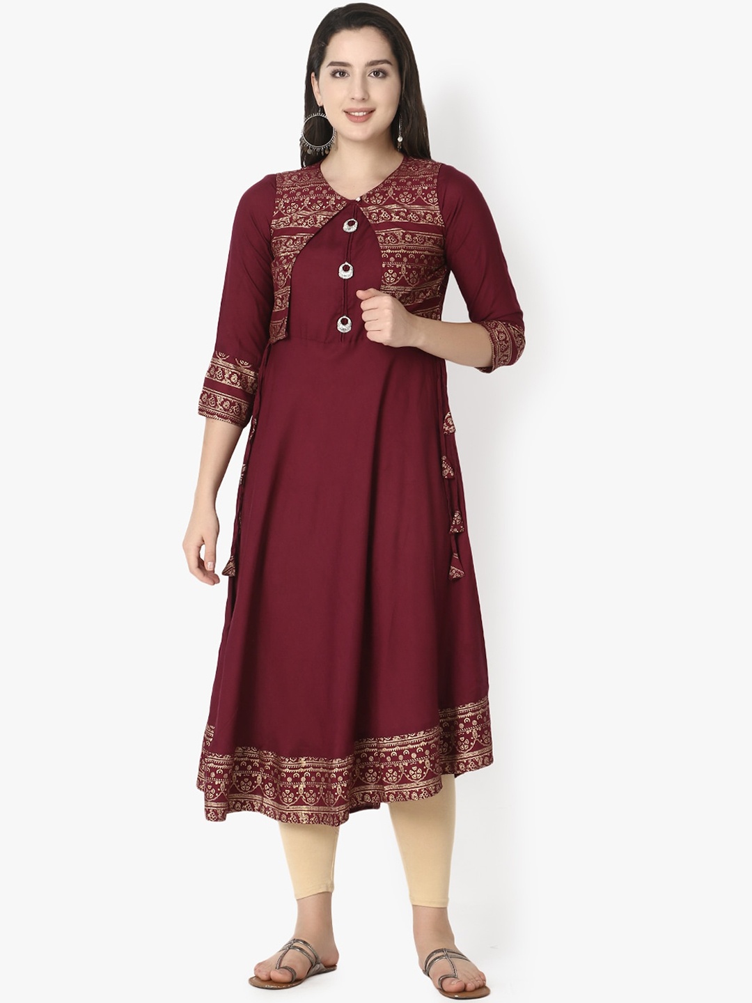 

Sitaram Designer Women Burgundy Ethnic Motifs Embroidered Flared Sleeves Thread Work Anarkali Kurta