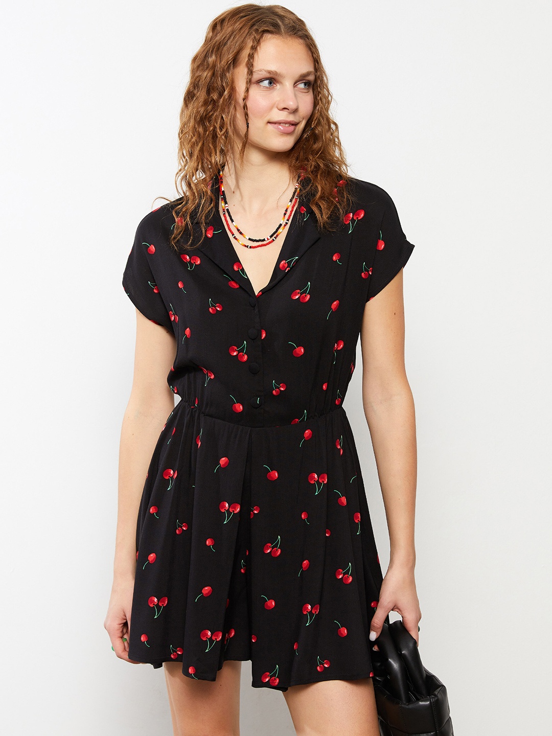 

LC Waikiki Black & Red Printed Notched Lapel Jumpsuit