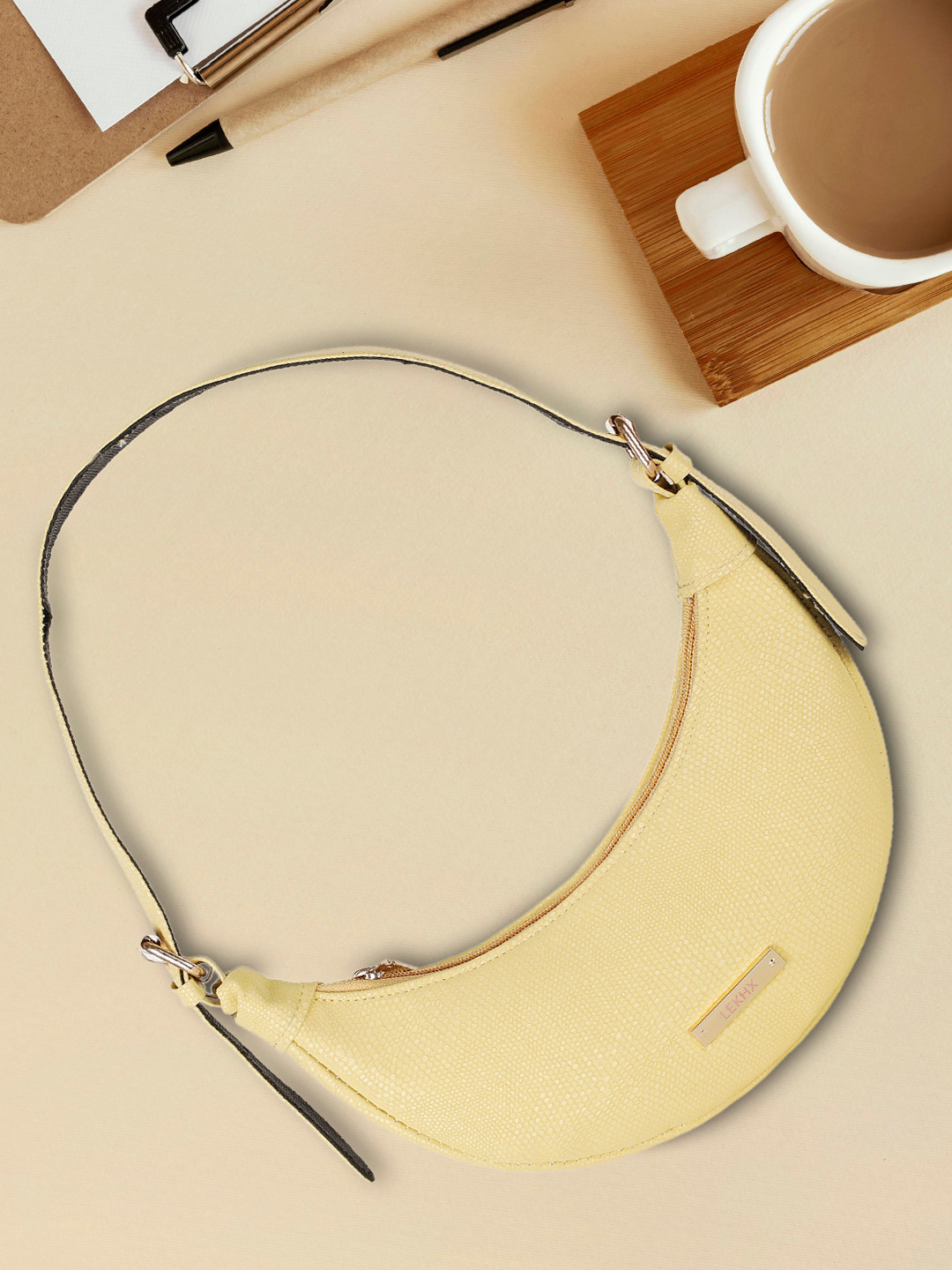 

LEKHX Yellow PU Half Moon Hobo Bag with Tasselled