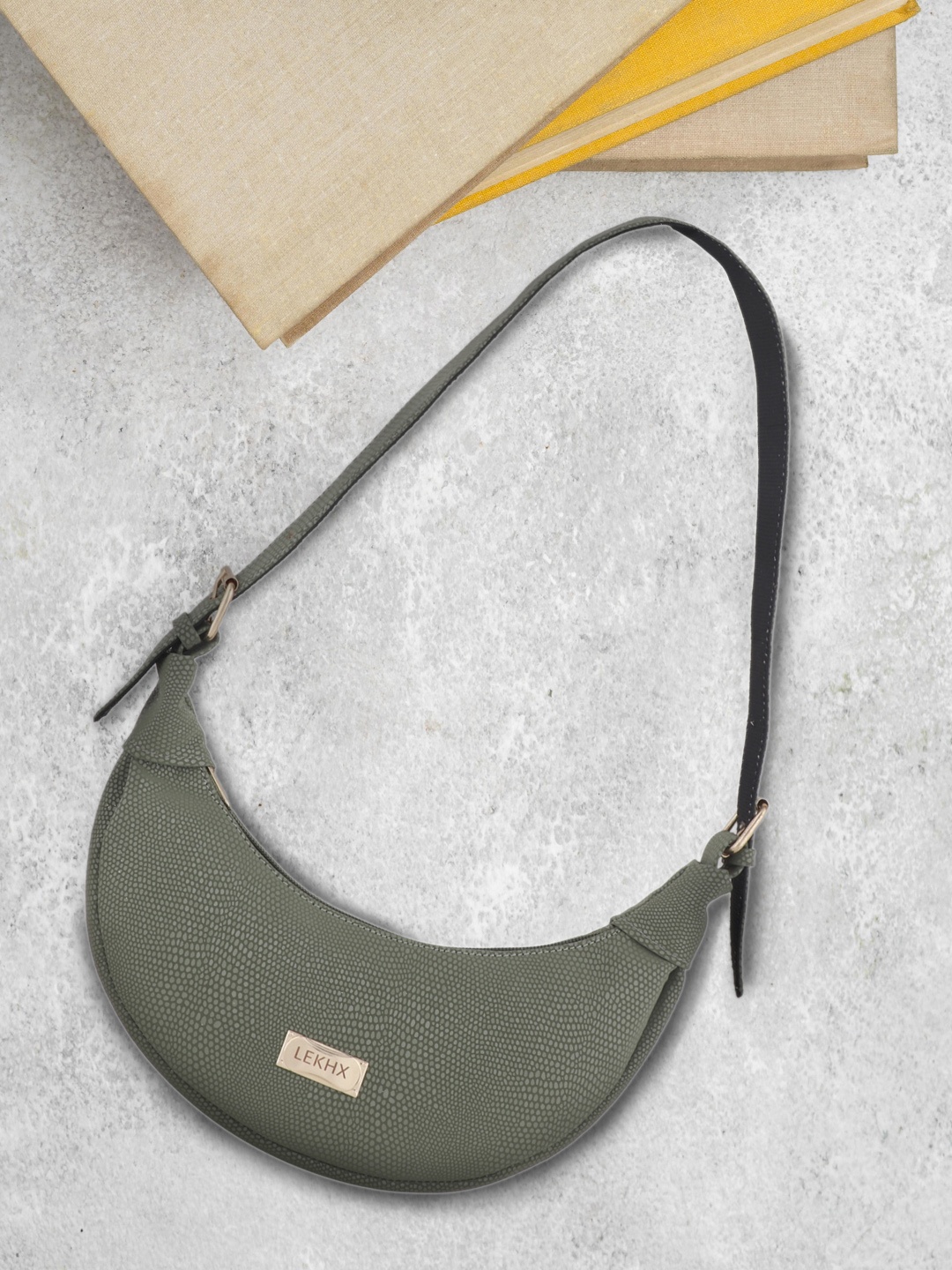 

LEKHX Women Green Textured PU Half Moon Shoulder Bag