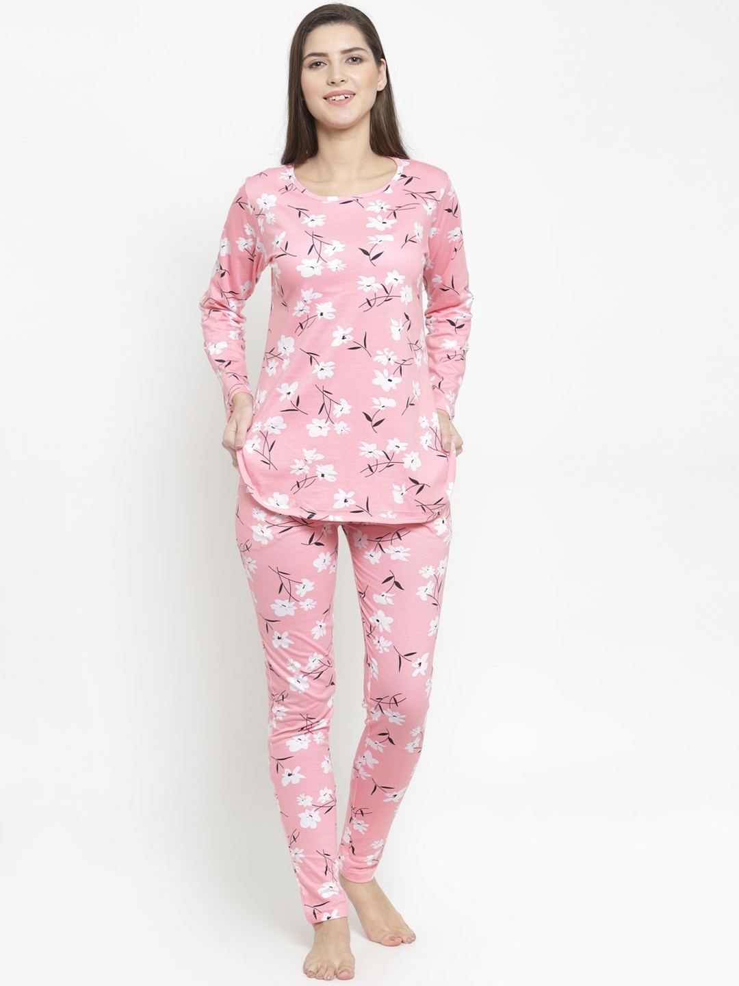 

Claura Women Pink & White Printed Night suit