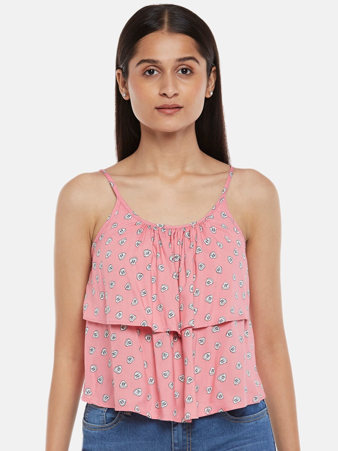 

People Pink & Blue Floral Print Layered Tiered Top