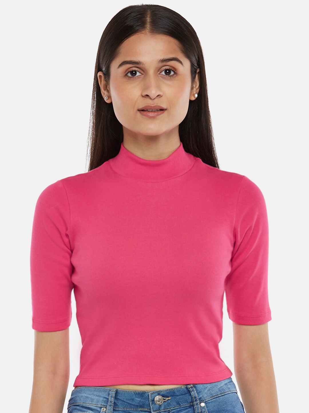 

People Women Pink Solid High Neck Fitted Crop Top