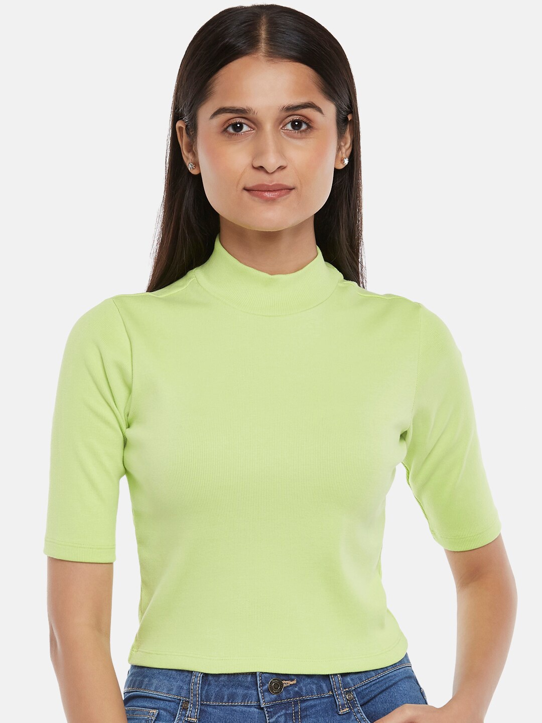 

People Women Lime Green Solid High Neck Top