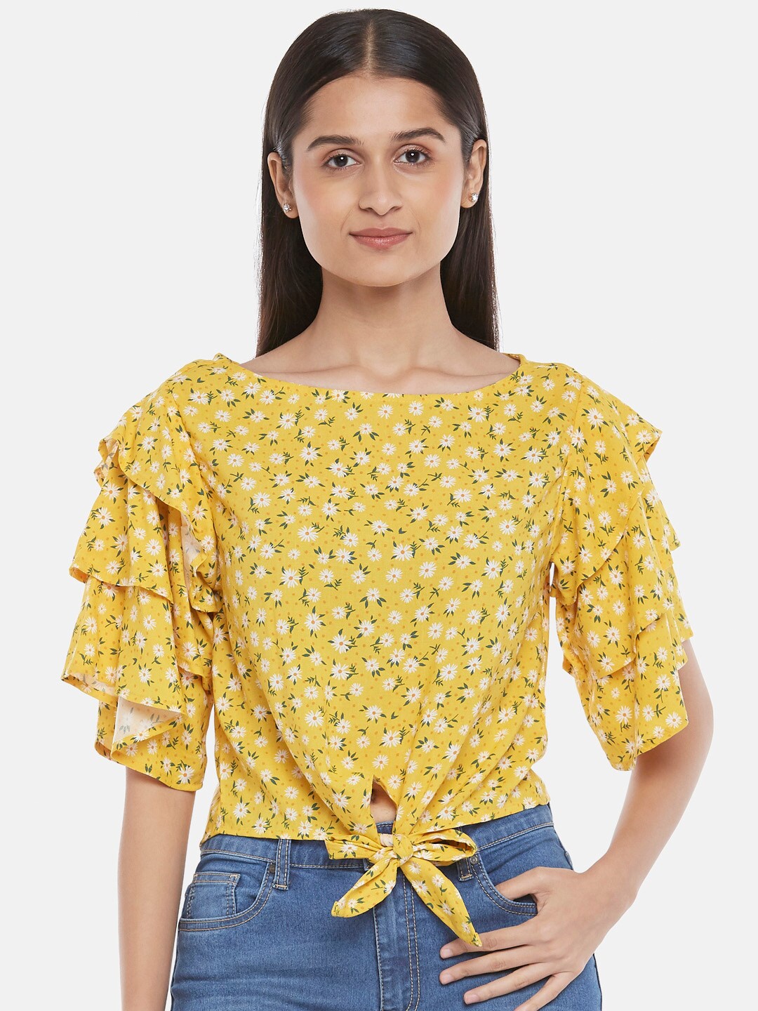 

People Women Yellow & White Floral Printed Flutter Sleeves Top