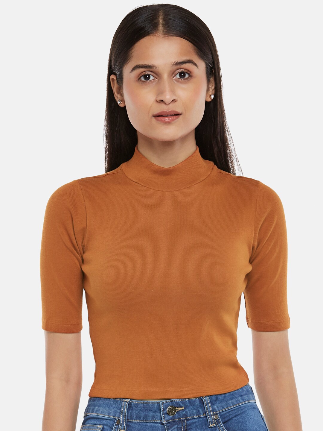 

People Women Brown Solid Pure Cotton Crop Top