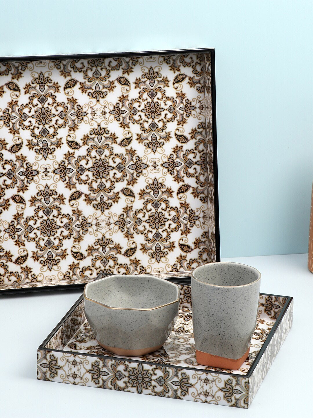 

DULI Set of 2 Brown & White Printed Multipurpose Serving Trays