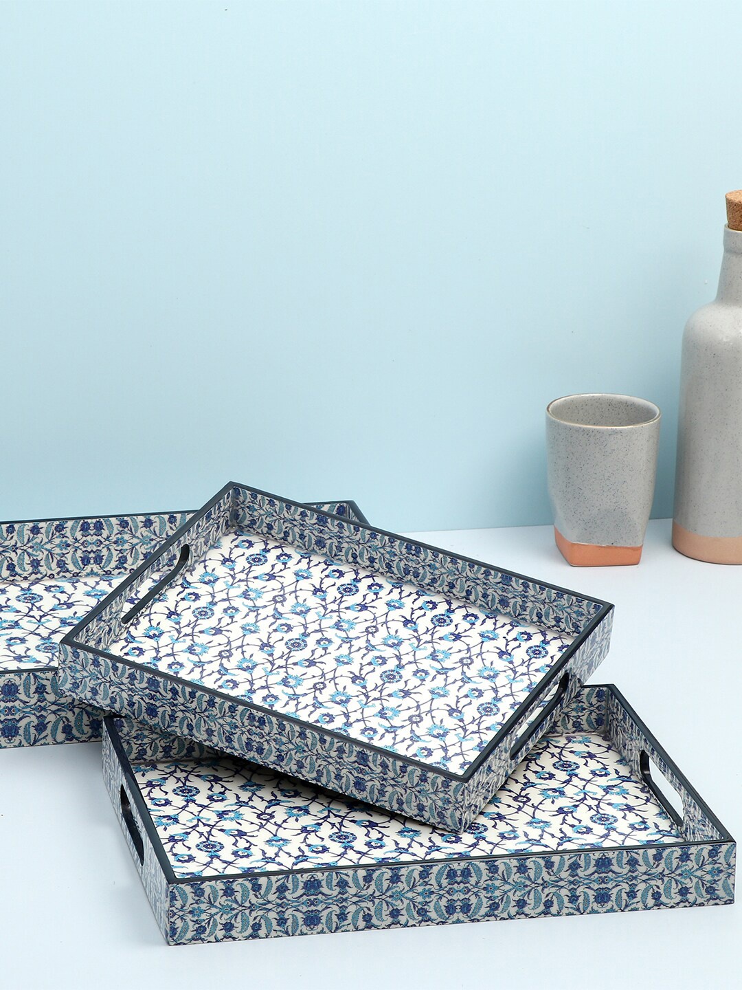 

DULI Set Of 3 Blue Floral Printed Wooden Trays