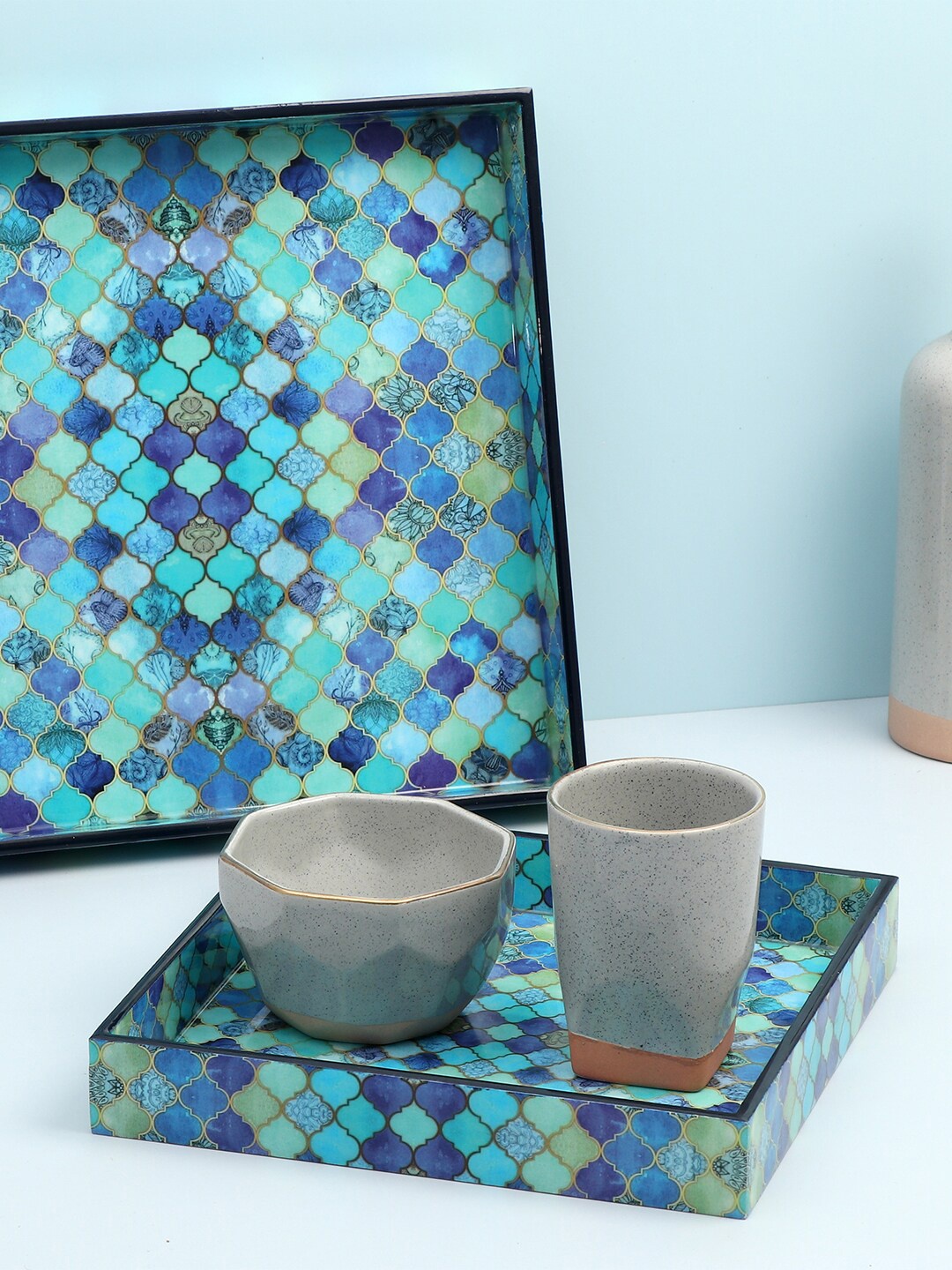 

DULI Set of 2 Blue Enamel Coated Multipurpose Serving Trays