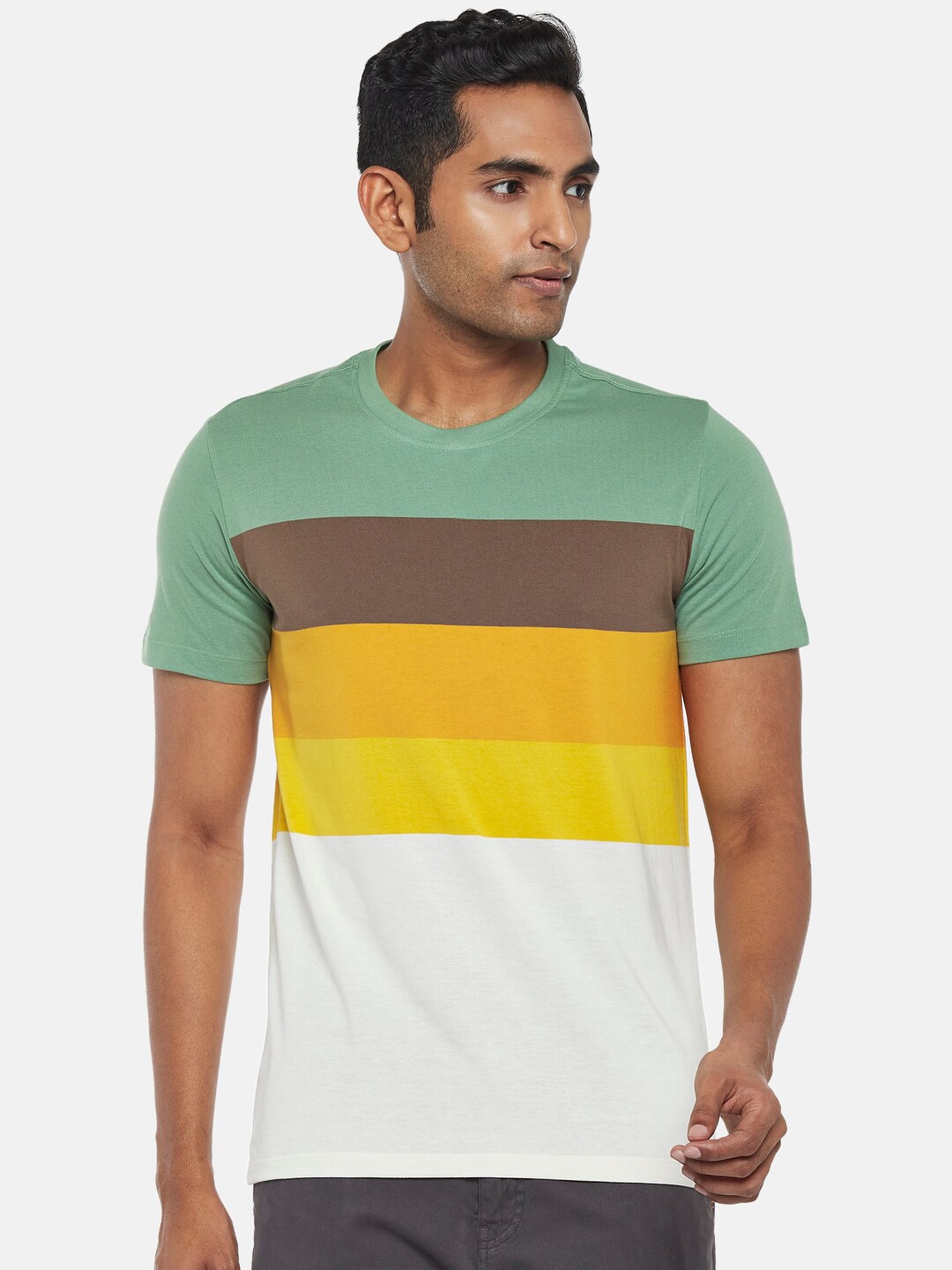 

Urban Ranger by pantaloons Men Olive Green & Brown Colourblocked Slim Fit Cotton T-shirt