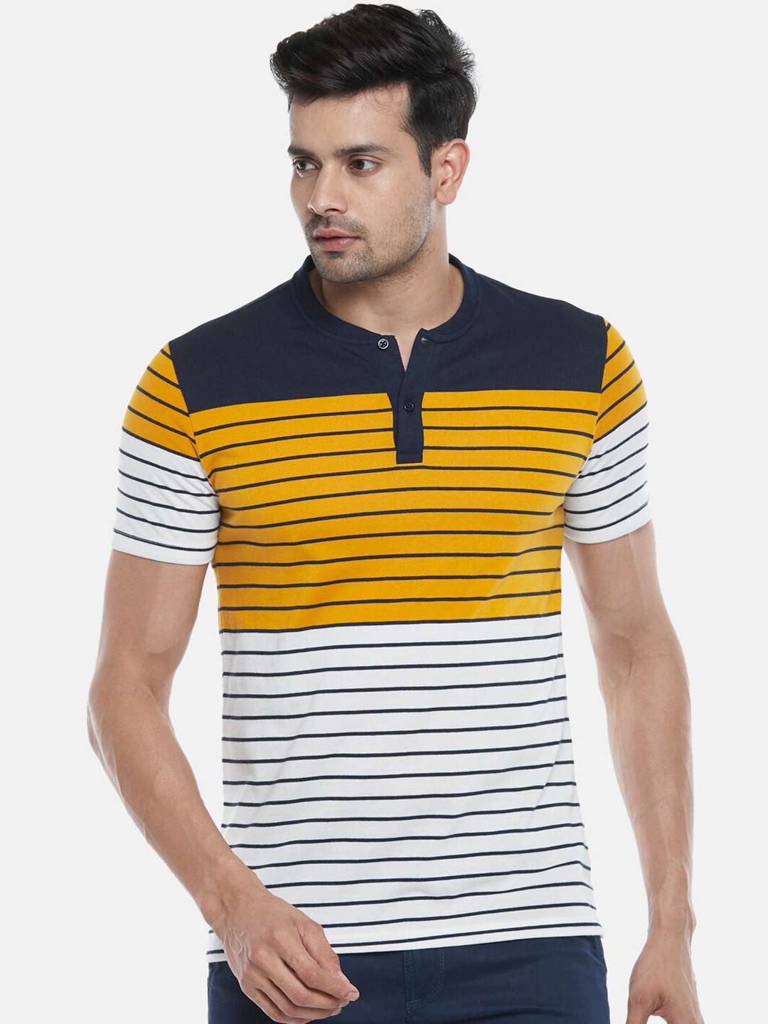 

Urban Ranger by pantaloons Men Mustard Yellow & Navy Blue Striped Henley Neck Slim Fit T-shirt