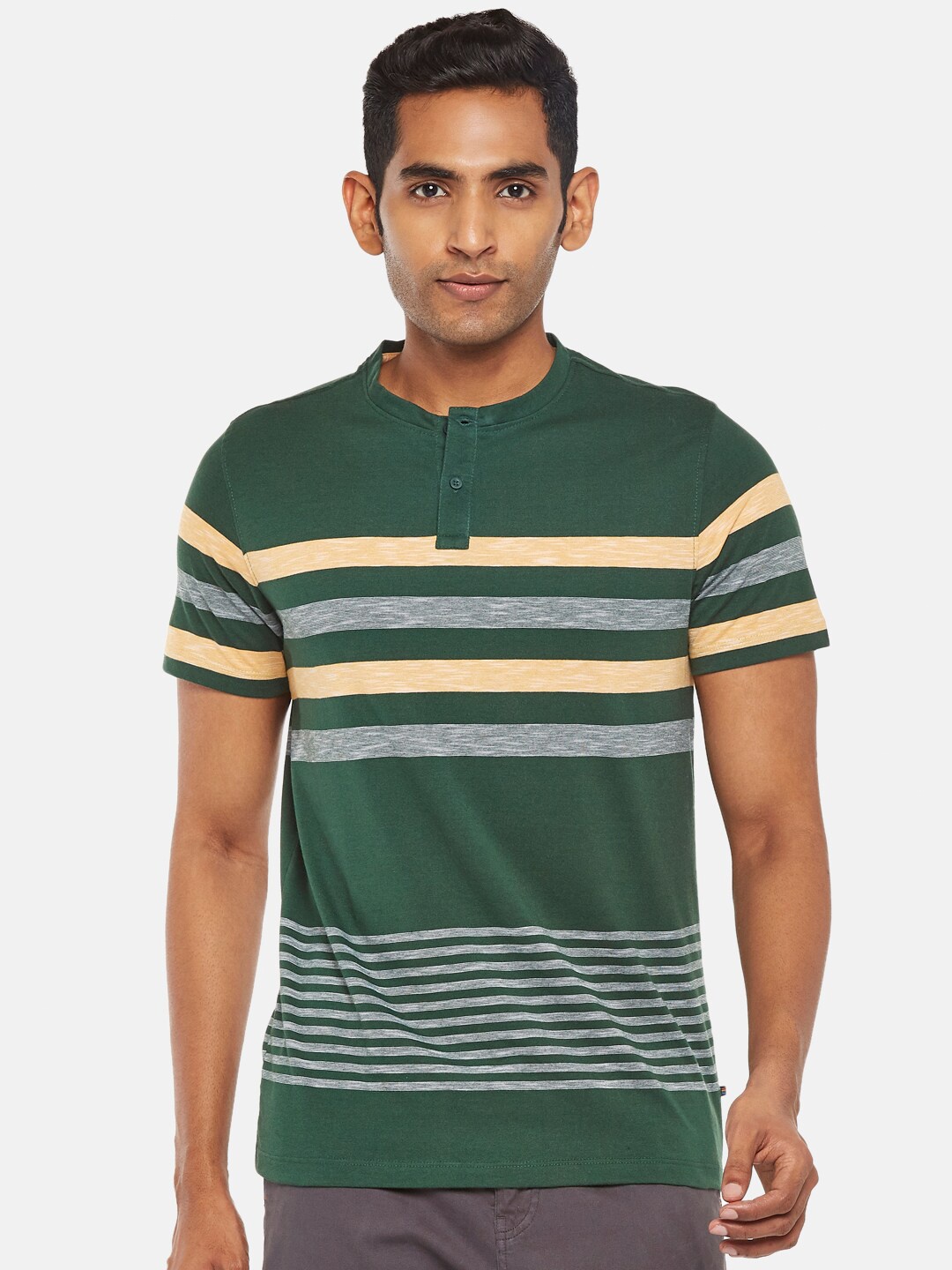 

Urban Ranger by pantaloons Men Green & Beige Striped Henley Neck Slim Fit T-shirt