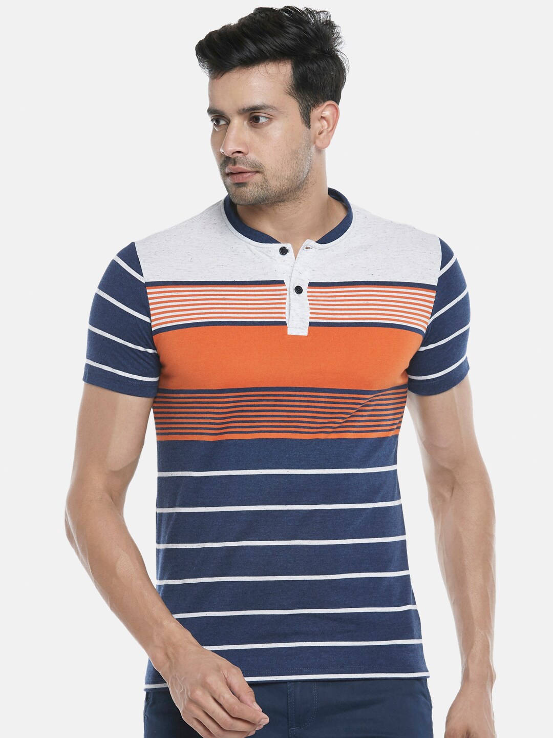 

Urban Ranger by pantaloons Men White & Blue Striped Slim Fit T-shirt