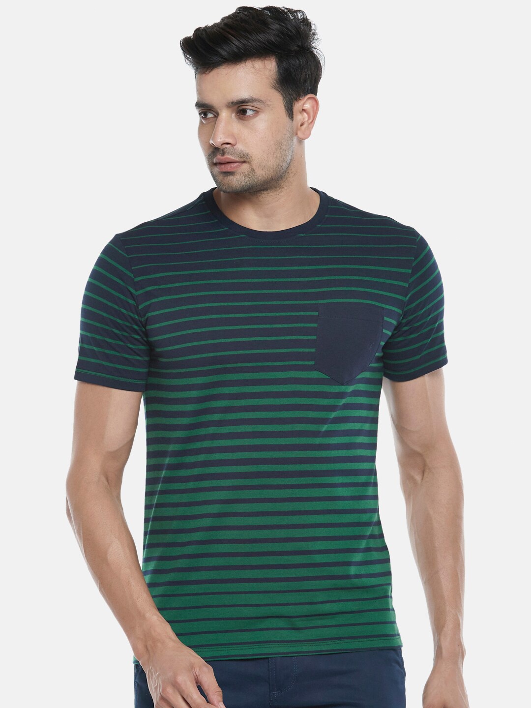 

Urban Ranger by pantaloons Men Green Striped Slim Fit T-shirt