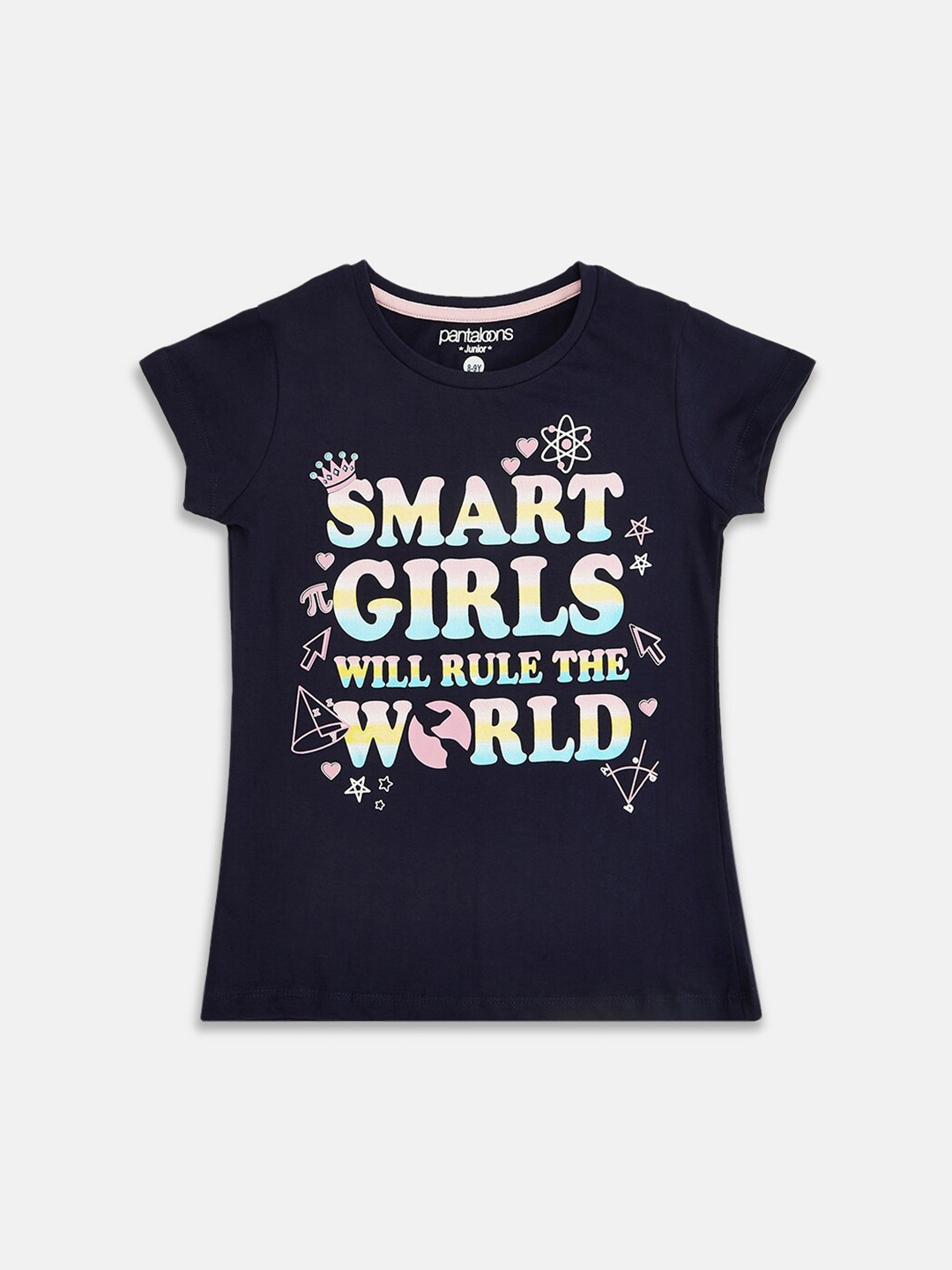 

Pantaloons Junior Girls Navy Blue Typography Printed Extended Sleeves T-shirt