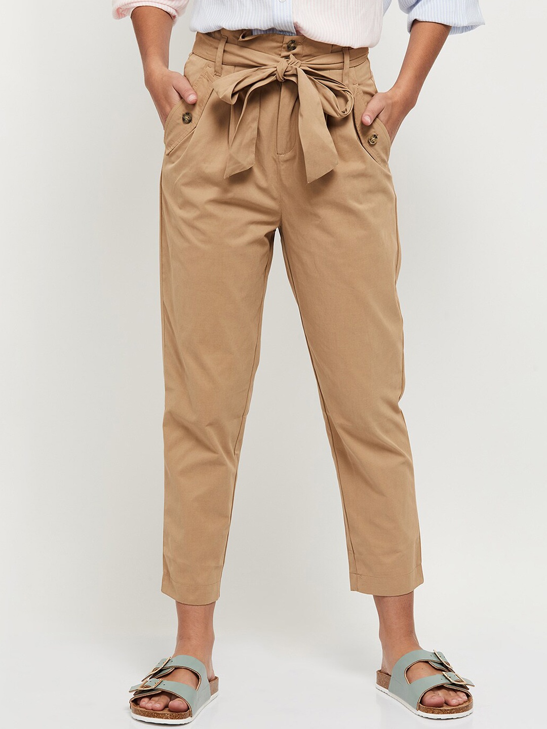 

max Women Tan Pleated Trousers