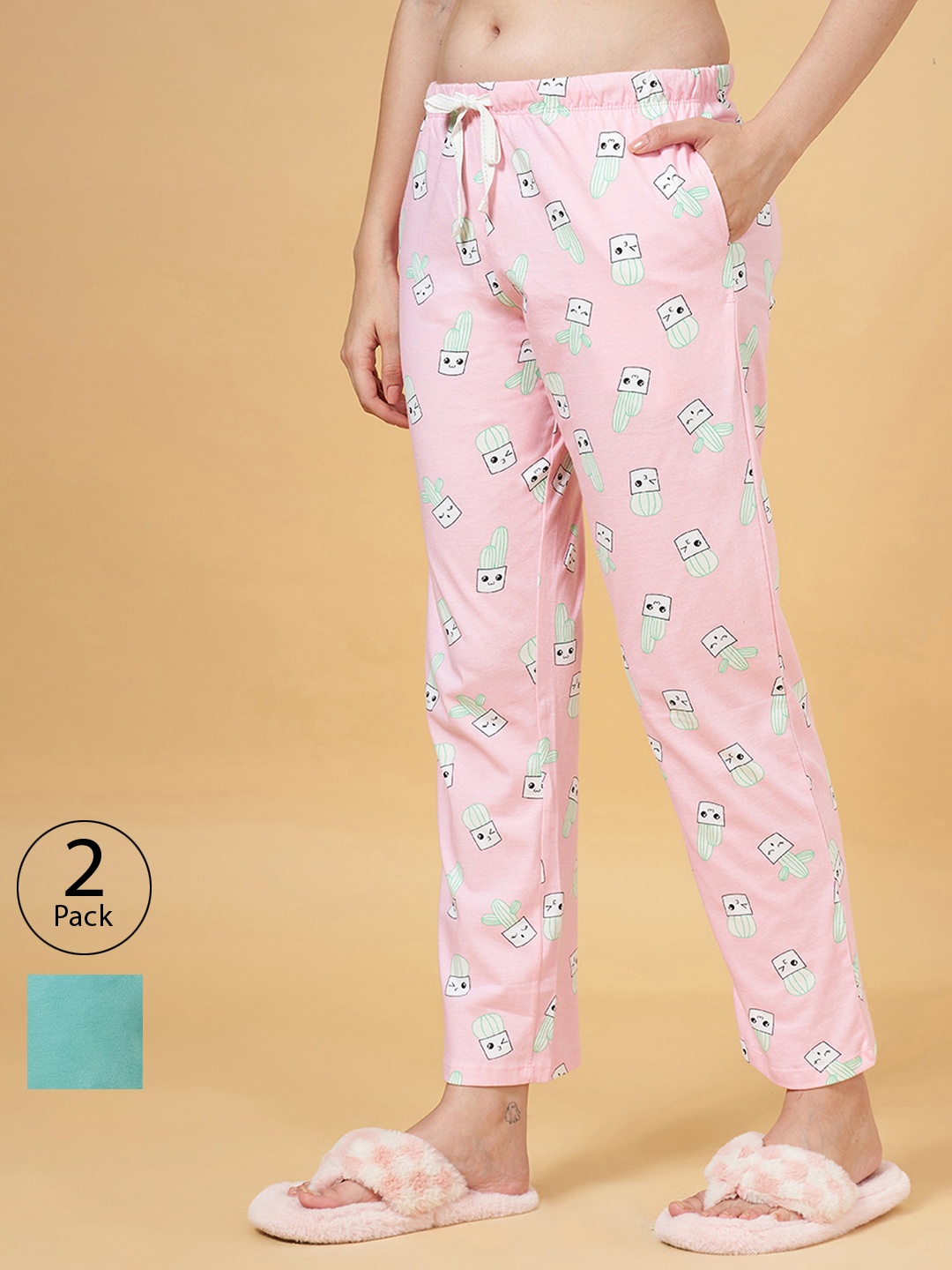 

Dreamz by Pantaloons Women Pack Of 2 Cropped Cotton Lounge Pants, Pink