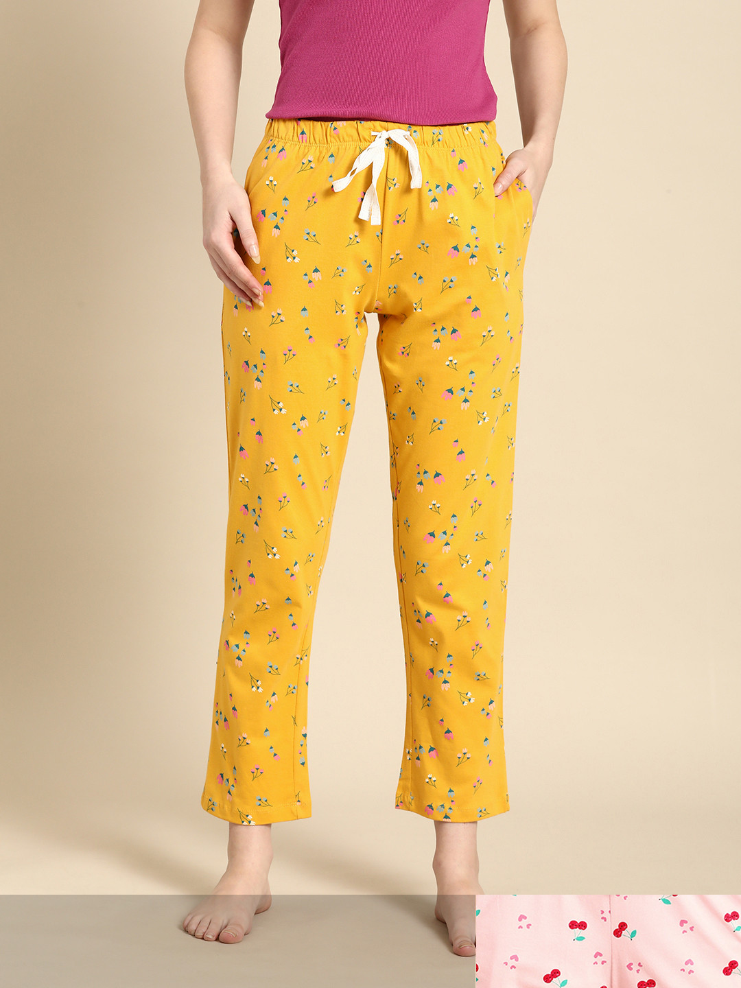 

Dreamz by Pantaloons Women Pack of 2 Printed Pure Cotton Lounge Pants in Yellow & Pink