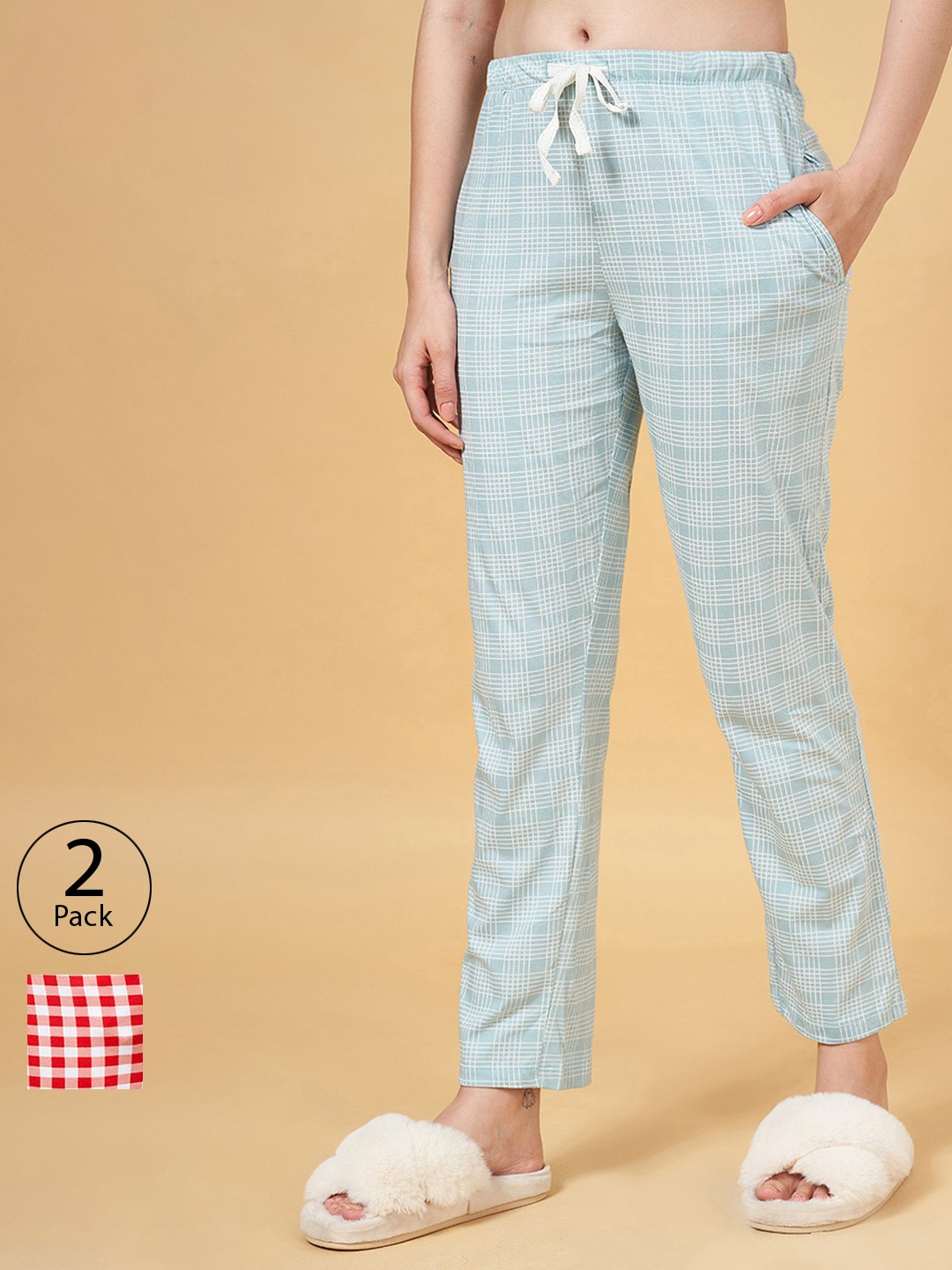 

Dreamz by Pantaloons Women Pack of 2 Checked Pure Cotton Lounge Pants, Blue