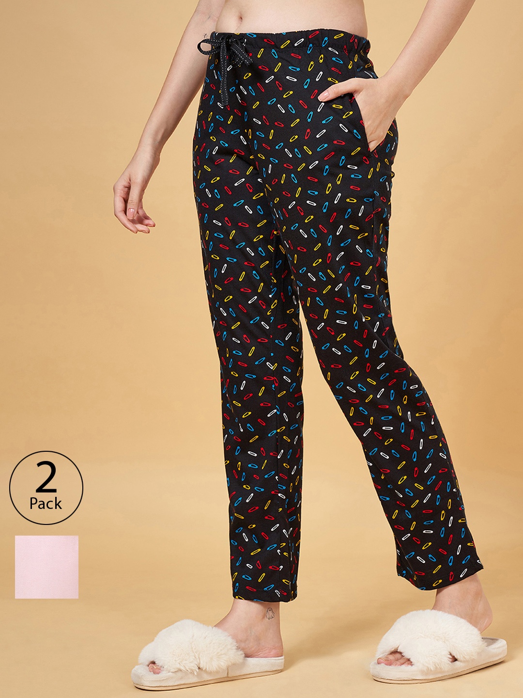 

Dreamz by Pantaloons Women Pack of 2 Printed Pure Cotton Lounge Pants, Black