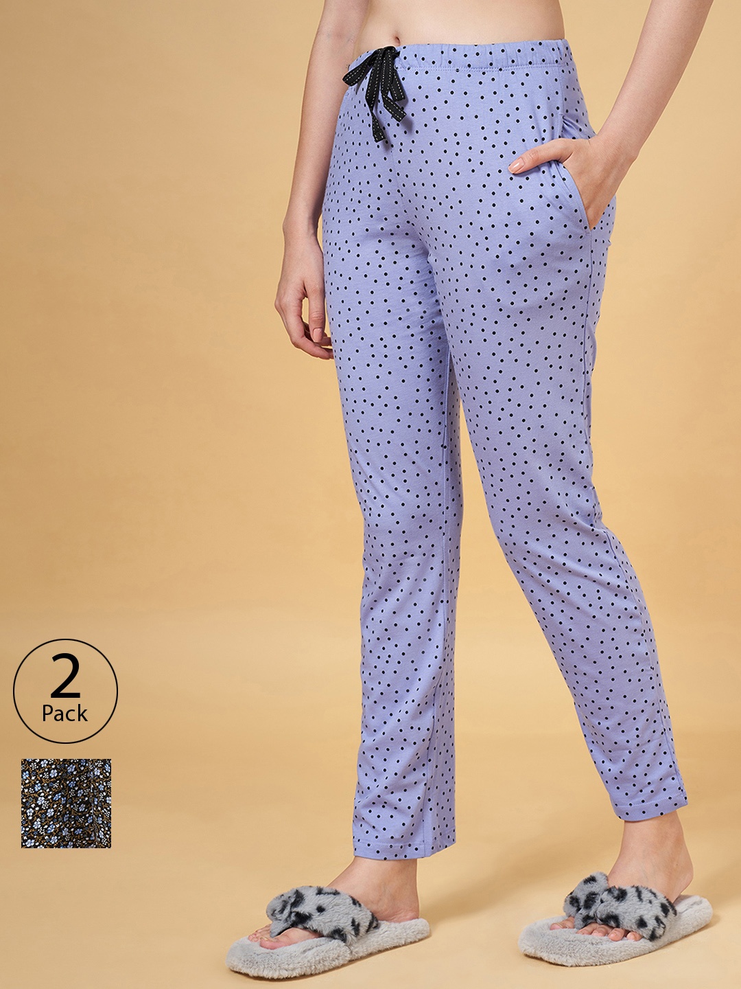 

Dreamz by Pantaloons Pack of 2 Women Printed Pure Cotton Lounge Pants, Black
