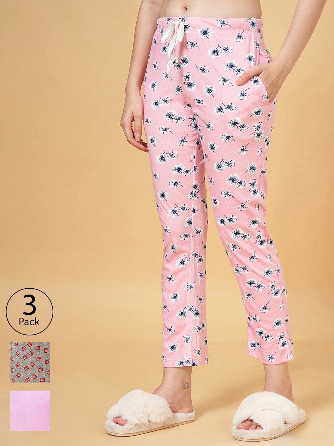 

Dreamz by Pantaloons Pack of 2 Pink & Grey Printed Cropped Lounge Pants