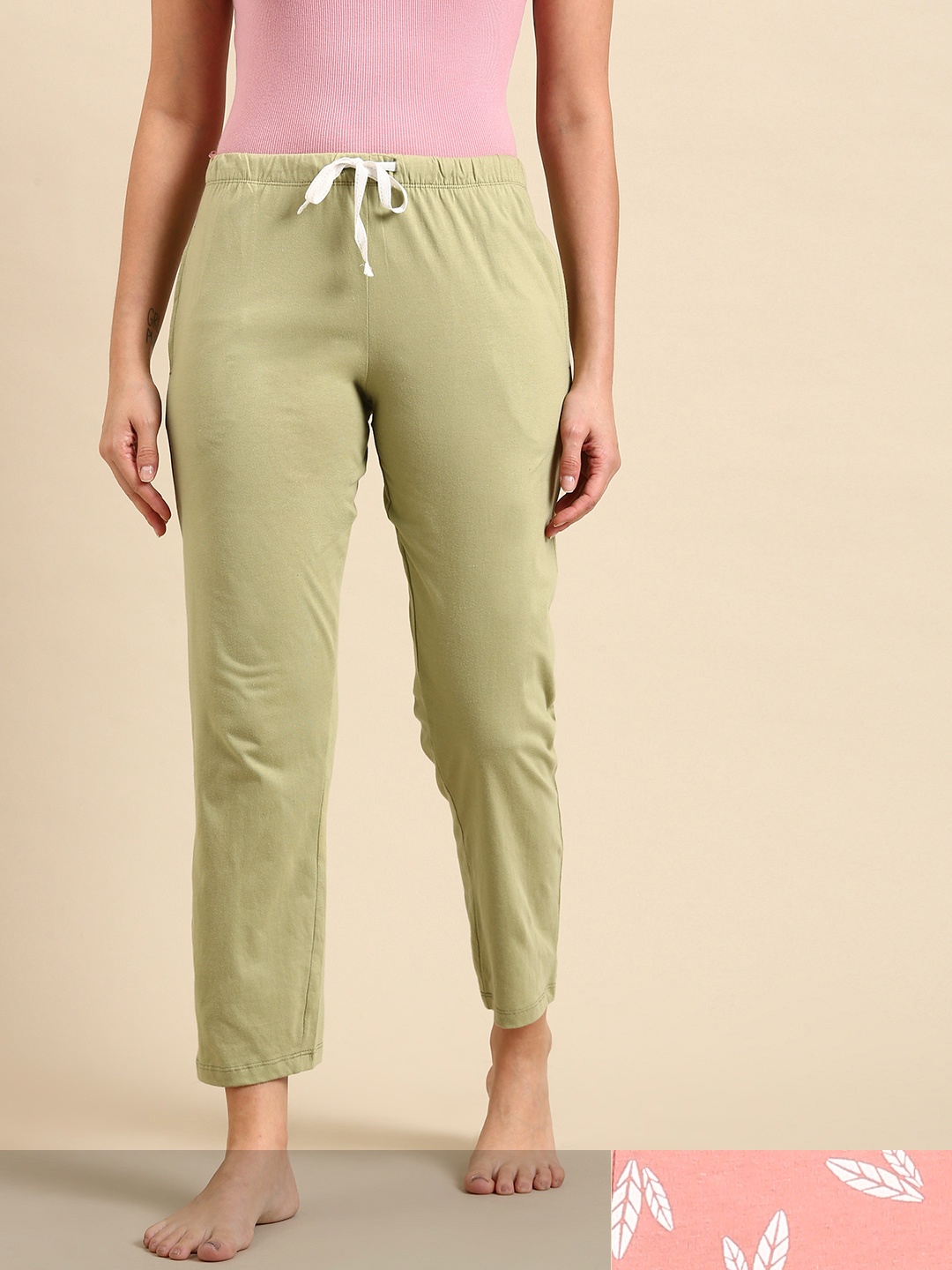 

Dreamz by Pantaloons Women Set of 2 Peach-Coloured & Olive Green Cotton Lounge Pants