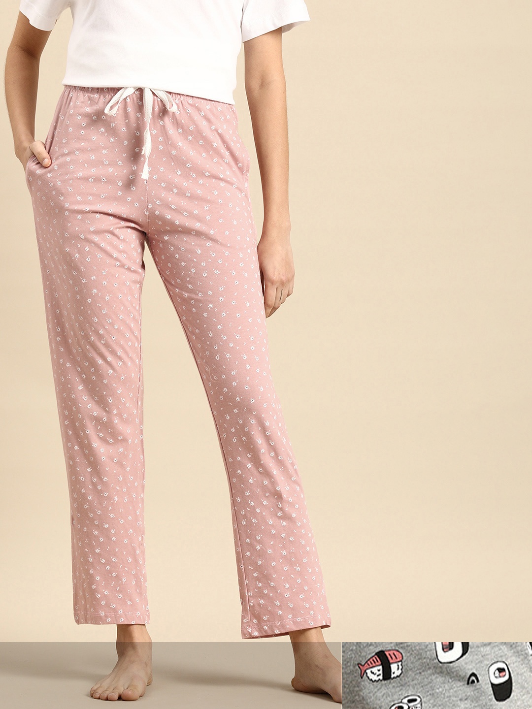 

Dreamz by Pantaloons Women Pack of 2 Printed Pure Cotton Lounge Pants, Grey melange