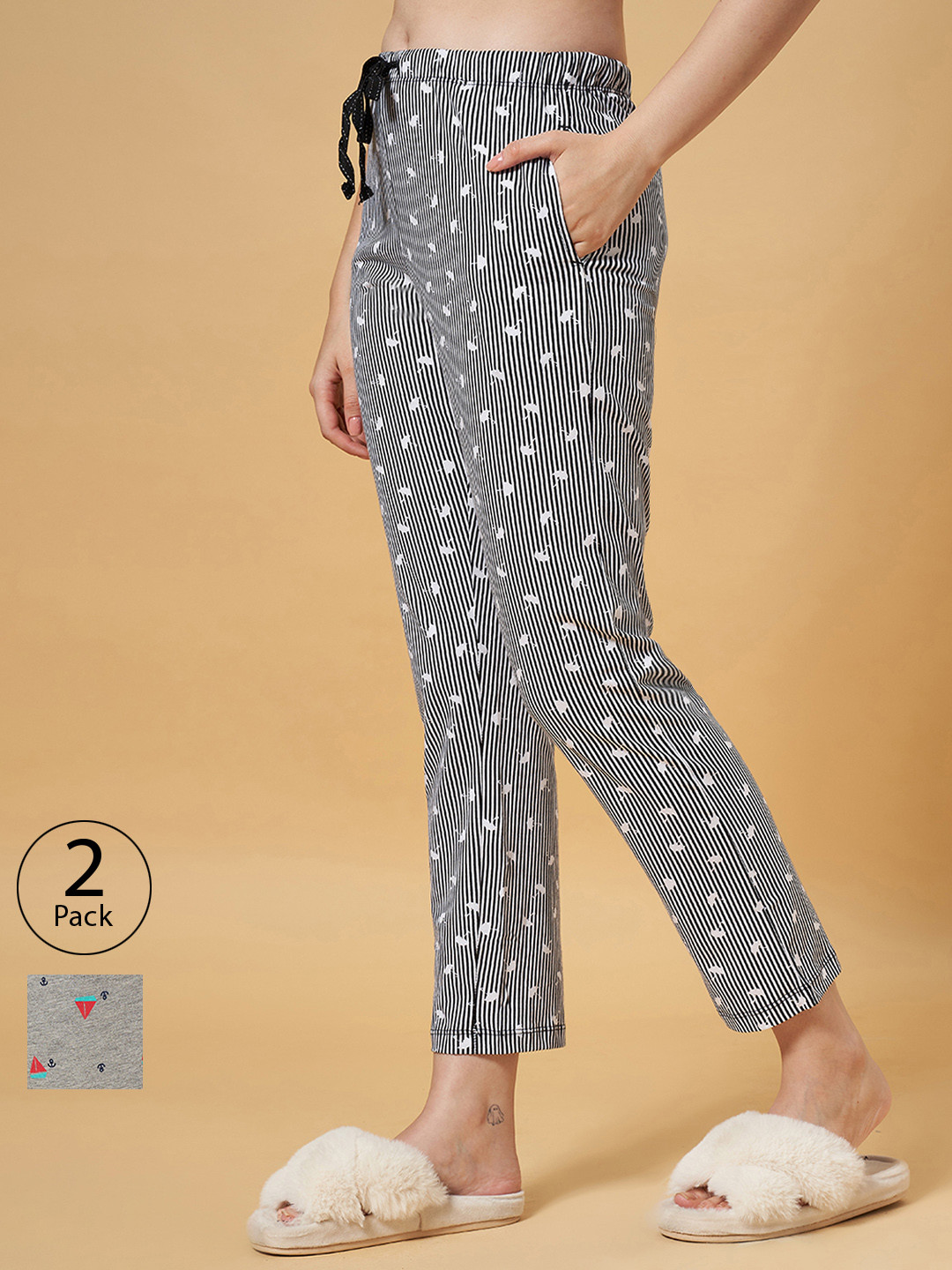 

Dreamz by Pantaloons Pack of 2 Women Printed Cropped Lounge Pants, Grey melange