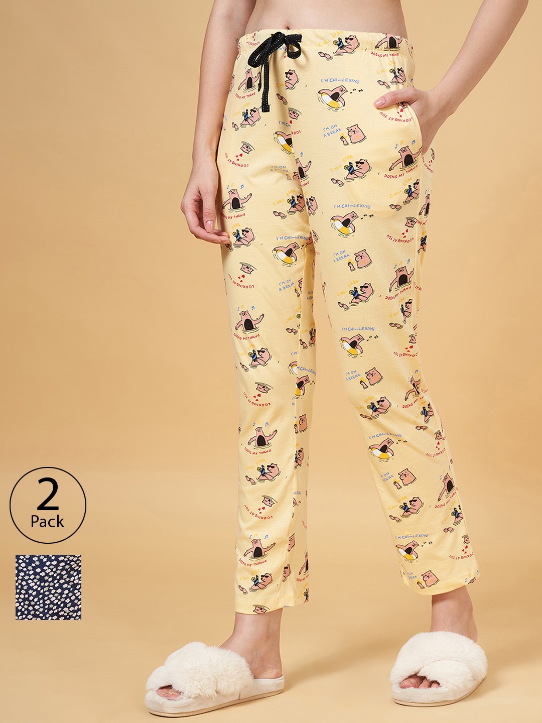 

Dreamz by Pantaloons Women Pack of 2 Printed Pure Cotton Lounge Pants, Yellow