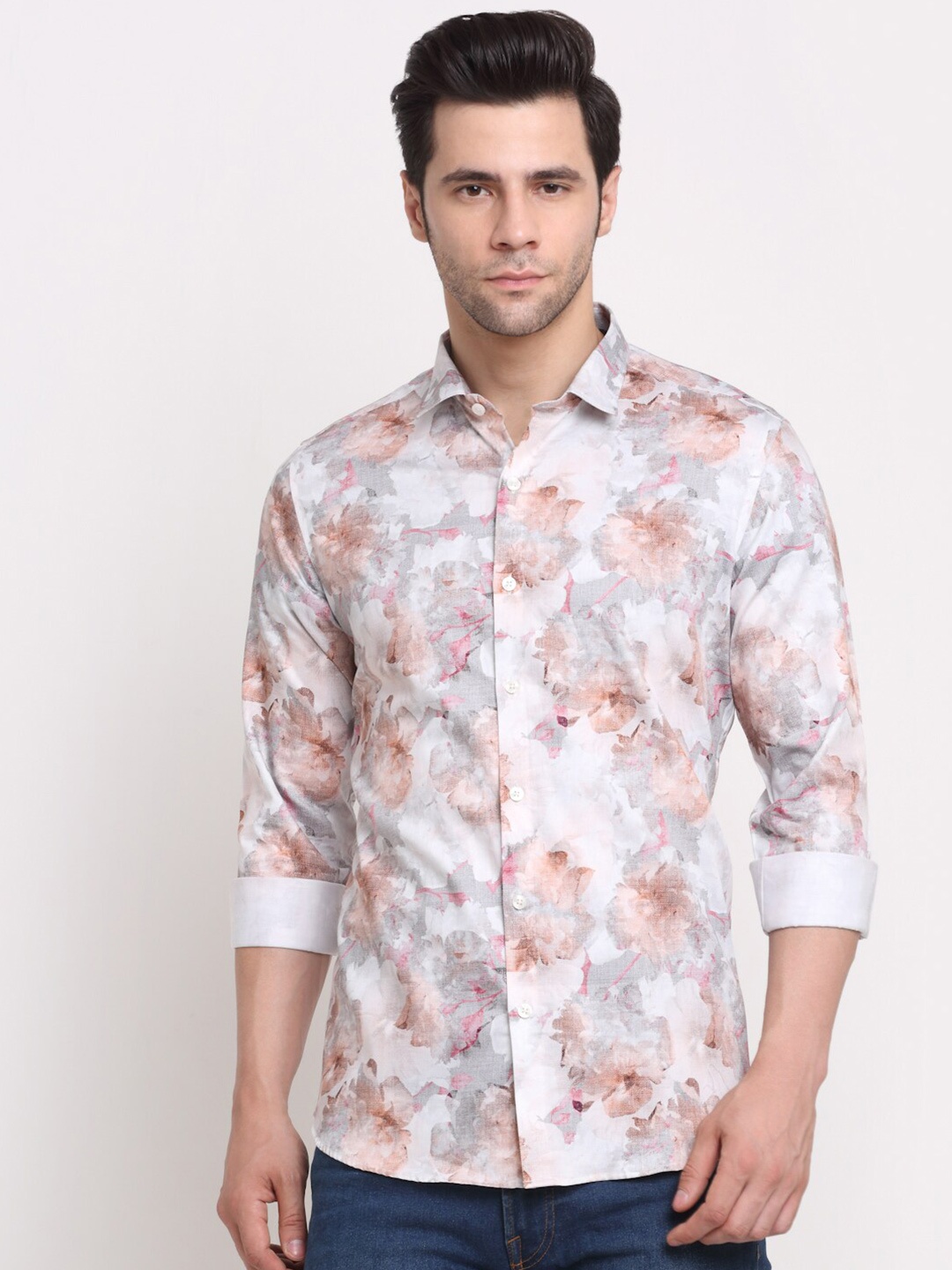 

FINNOY Men White Premium Slim Fit Floral Cotton Printed Party Shirt