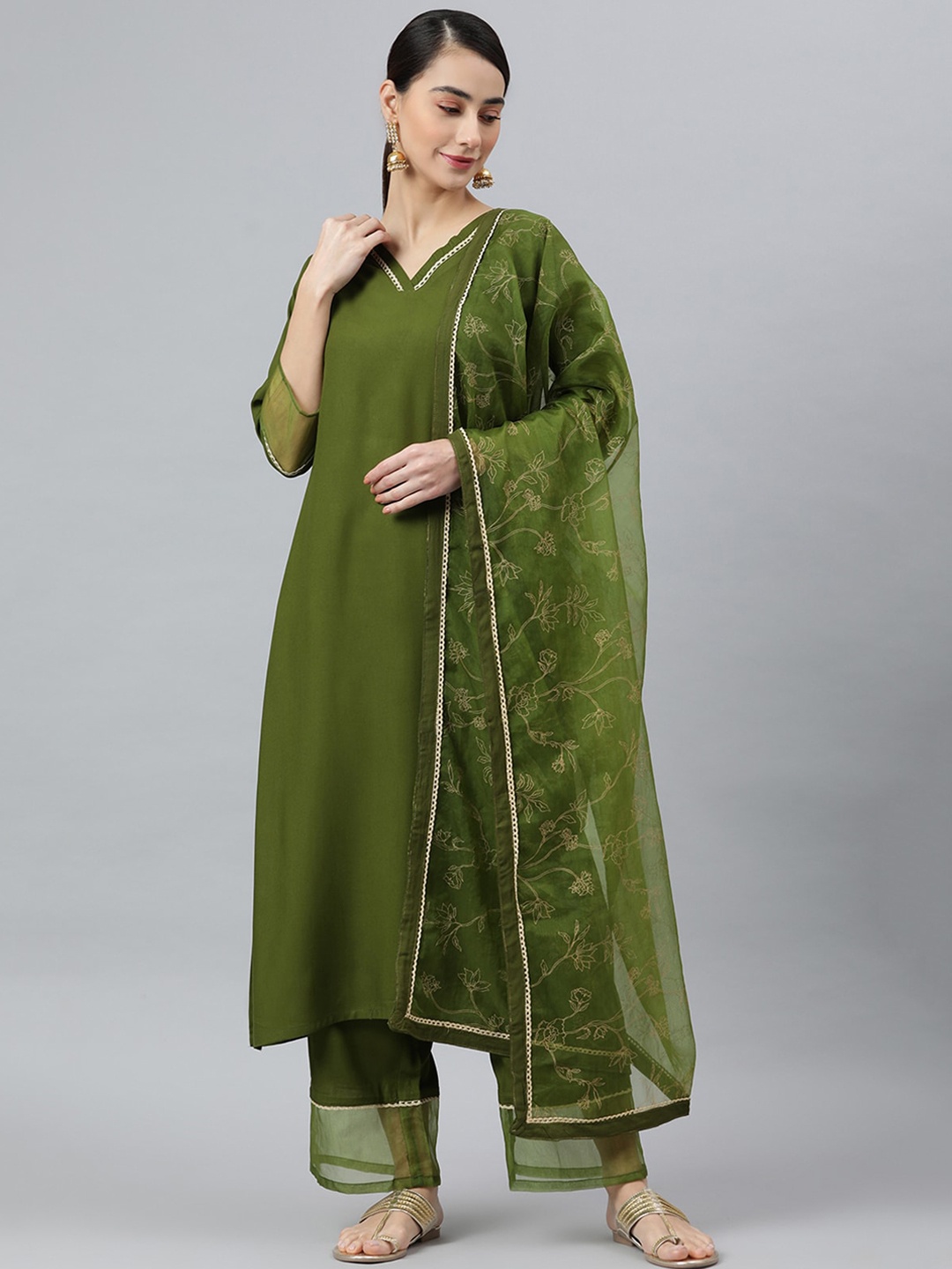 

Janasya Women Olive Green Rayon Solid Kurta with Trouser and Dupatta