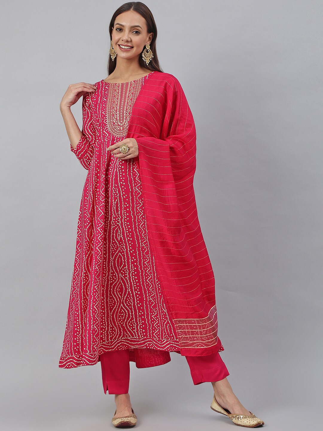 

Janasya Women Pink Rayon Bandhani Kurta with Pant & Dupatta