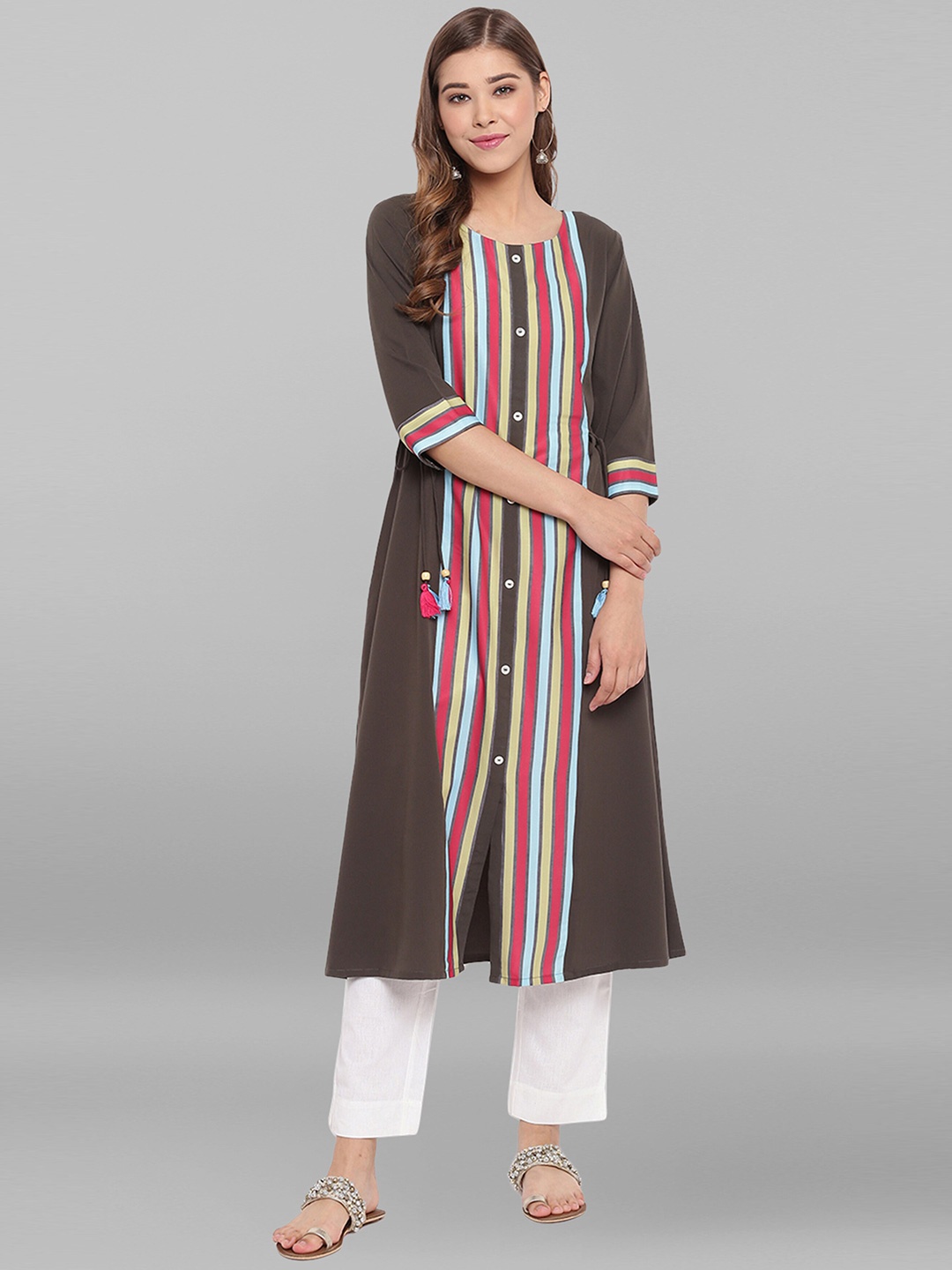 

Janasya Women Olive Green Poly Crepe Striped A-line Kurta
