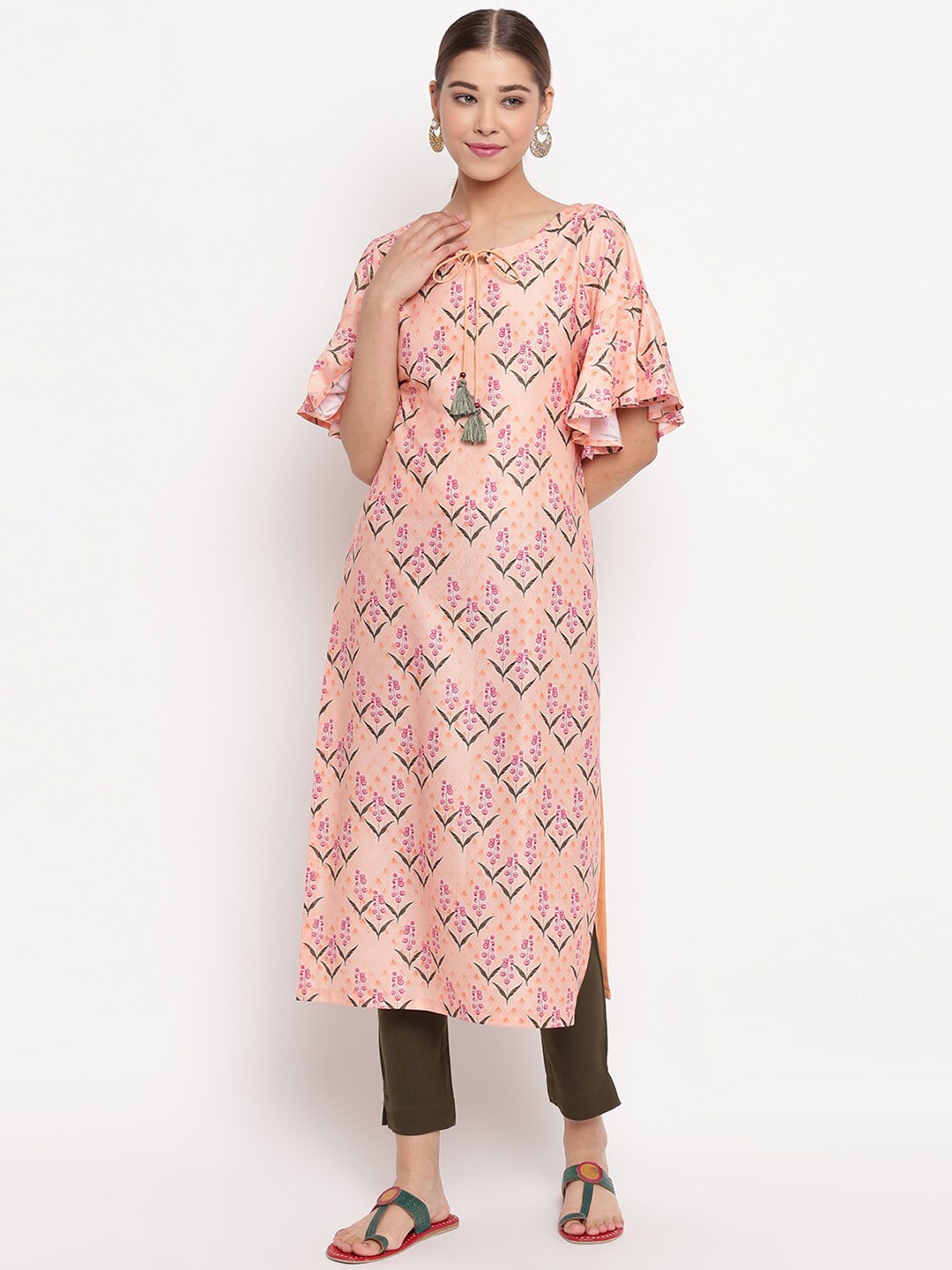 

Janasya Women Peach-Coloured & Pink Floral Printed Flared Sleeves Crepe Kurta