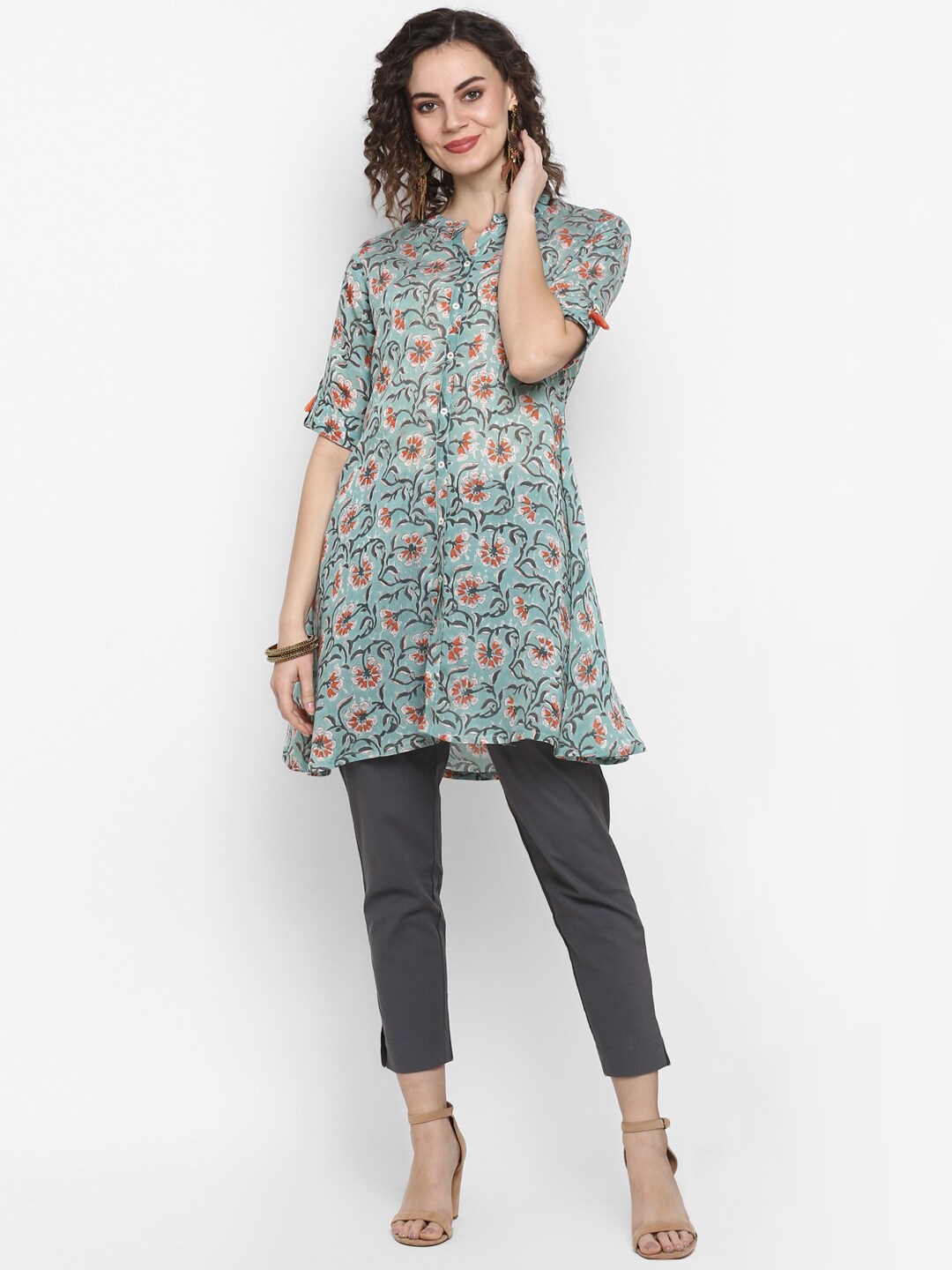 

Janasya Women Green Floral Printed Kurti