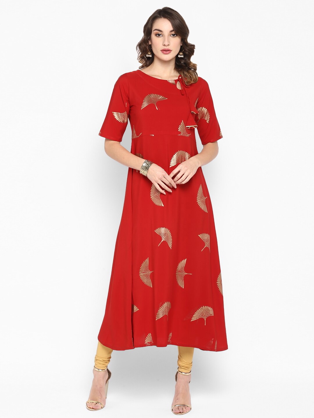 

Janasya Women Red & Gold-Toned Ethnic Motifs Printed Crepe Kurta