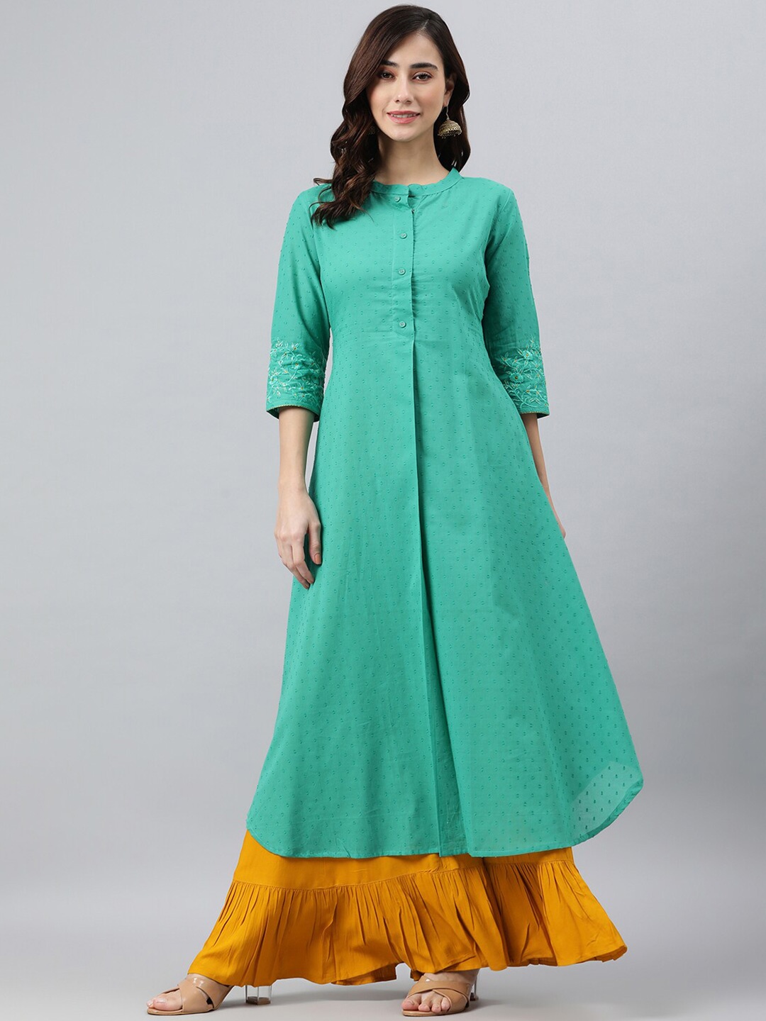 

Janasya Women Sea Green Dobby Kurta