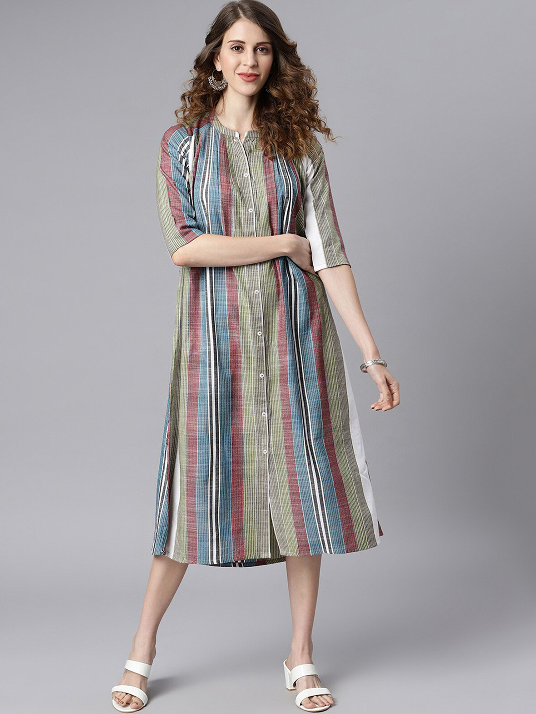 

Janasya Women Multicolor Cotton Striped A-line Western Dress, Multi