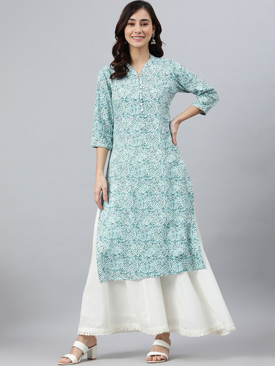 

Janasya Women Blue & White Ethnic Motifs Printed Kurta