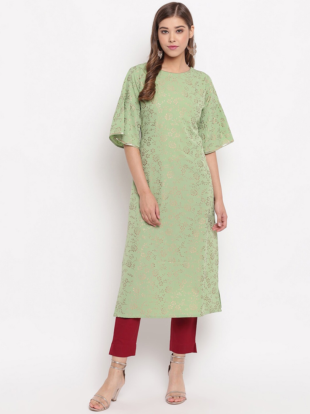 

Janasya Women Green & Gold-Toned Floral Printed Flared Sleeves Floral Crepe Kurta
