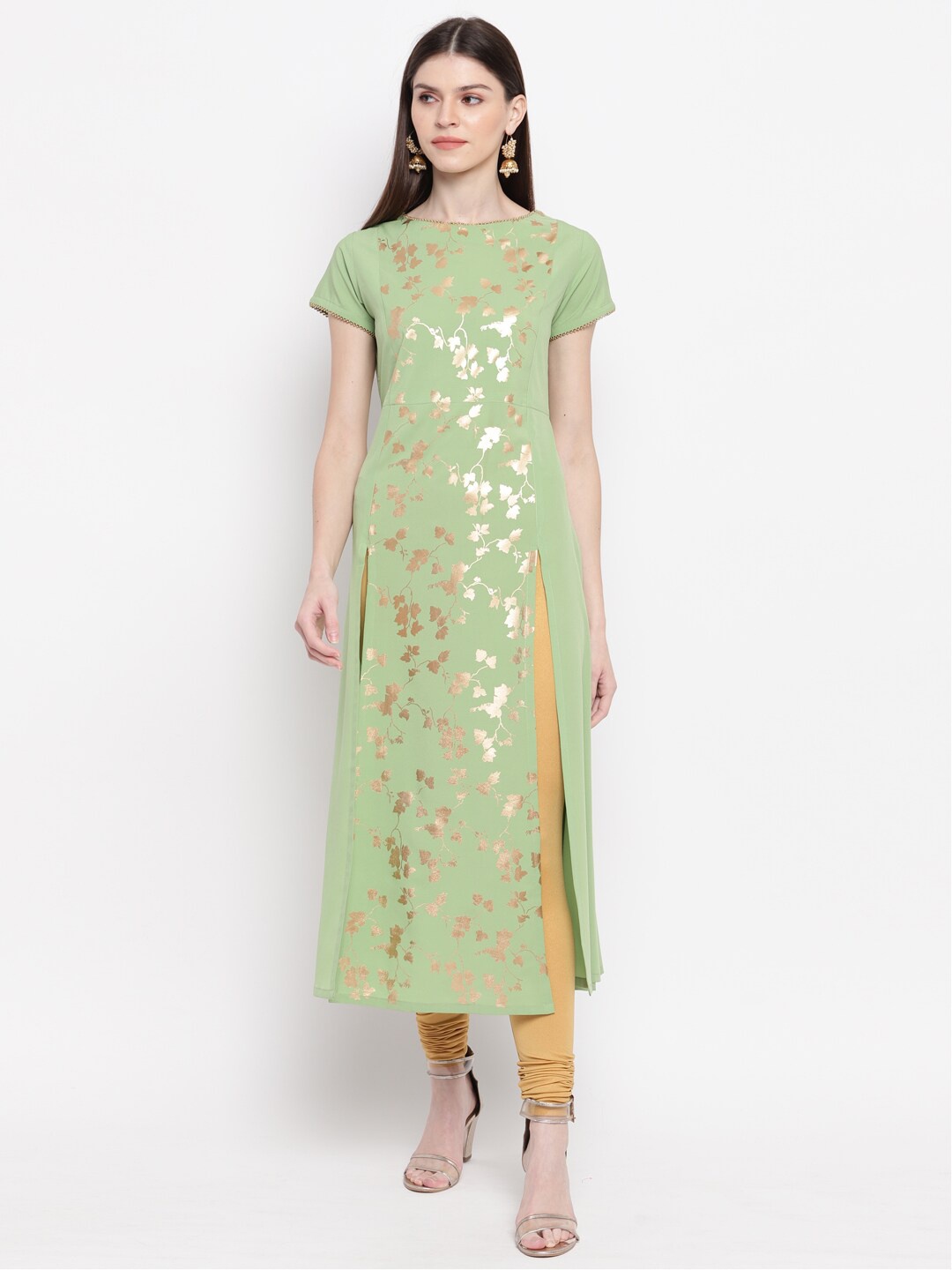 

Janasya Women Green & Gold-Toned Floral Printed Floral Crepe Kurta