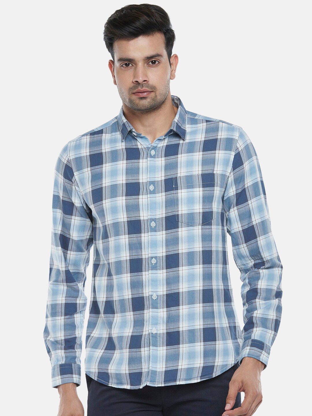 

BYFORD by Pantaloons Men Blue Slim Fit Tartan Checked Cotton Casual Shirt