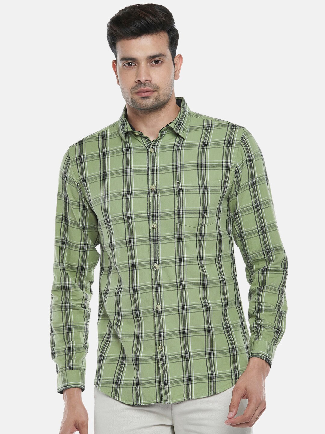 

BYFORD by Pantaloons Men Olive Green Slim Fit Tartan Checked Cotton Casual Shirt