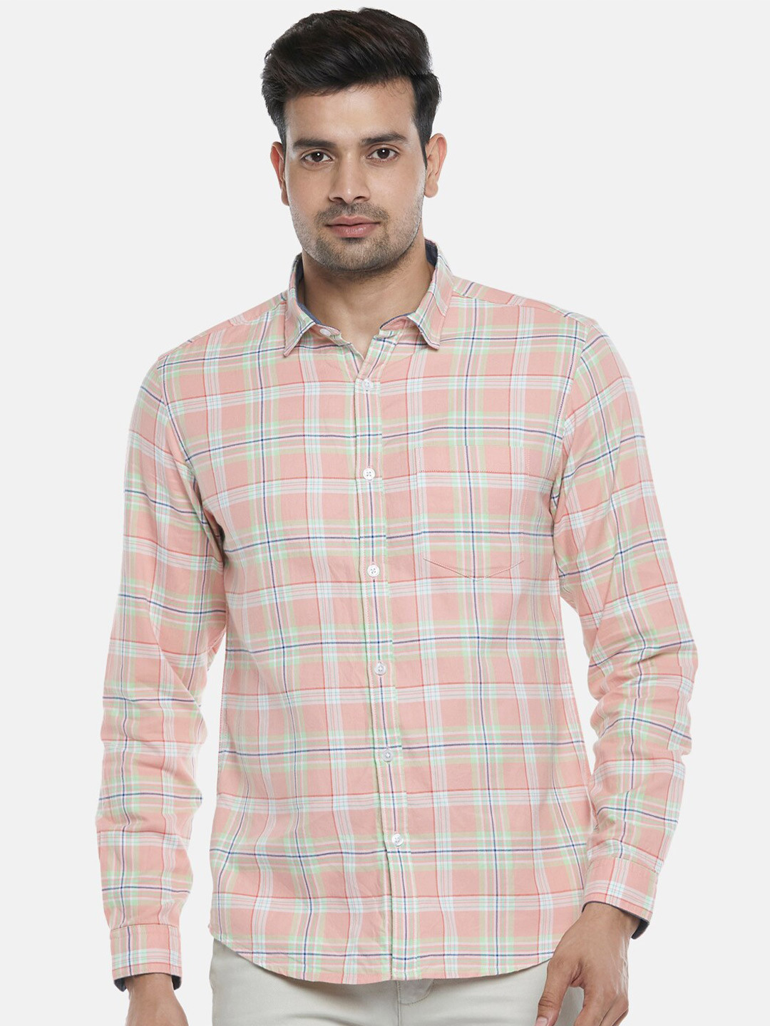 

BYFORD by Pantaloons Men Pink Slim Fit Tartan Checked Cotton Casual Shirt