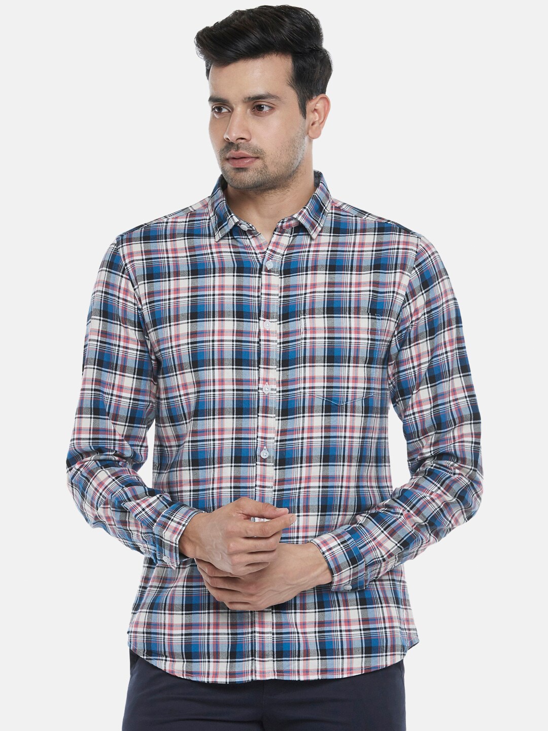 

BYFORD by Pantaloons Men Blue Slim Fit Tartan Checked Cotton Casual Shirt