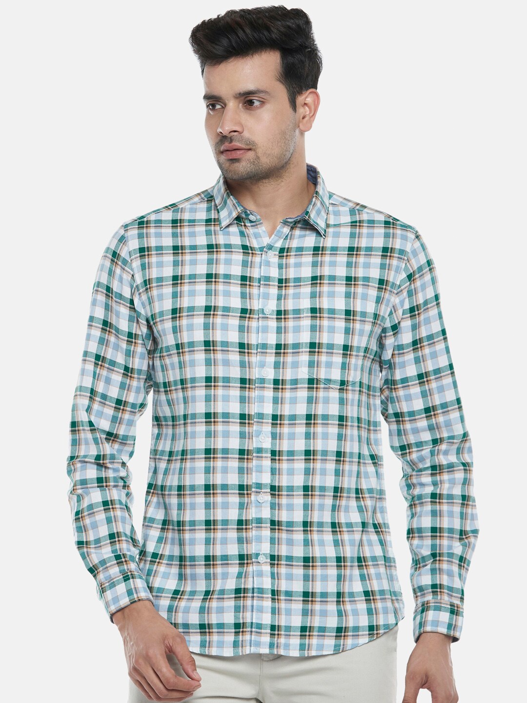 

BYFORD by Pantaloons Men Teal Slim Fit Tartan Checked Cotton Casual Shirt