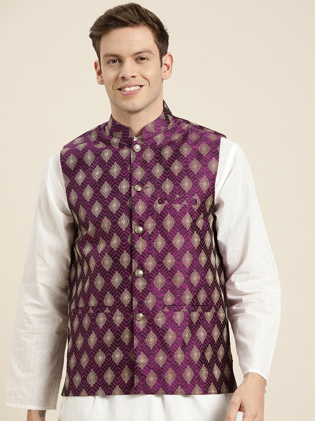 

SOJANYA Men Purple & Golden Ethnic Motifs Jacquard Woven Design Nehru Jacket