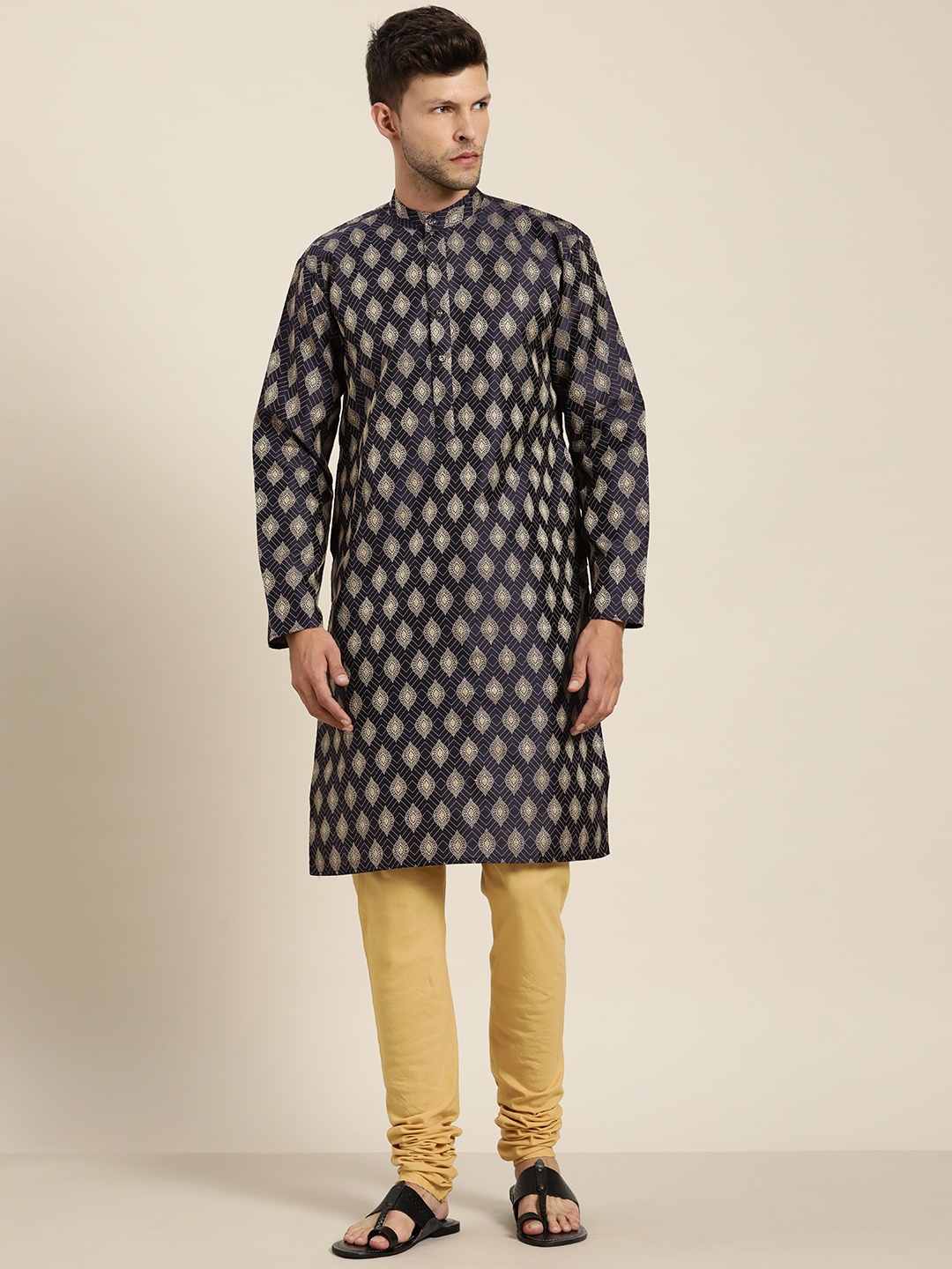 

SOJANYA Men Navy Blue & Golden Jacquard Woven Design Kurta